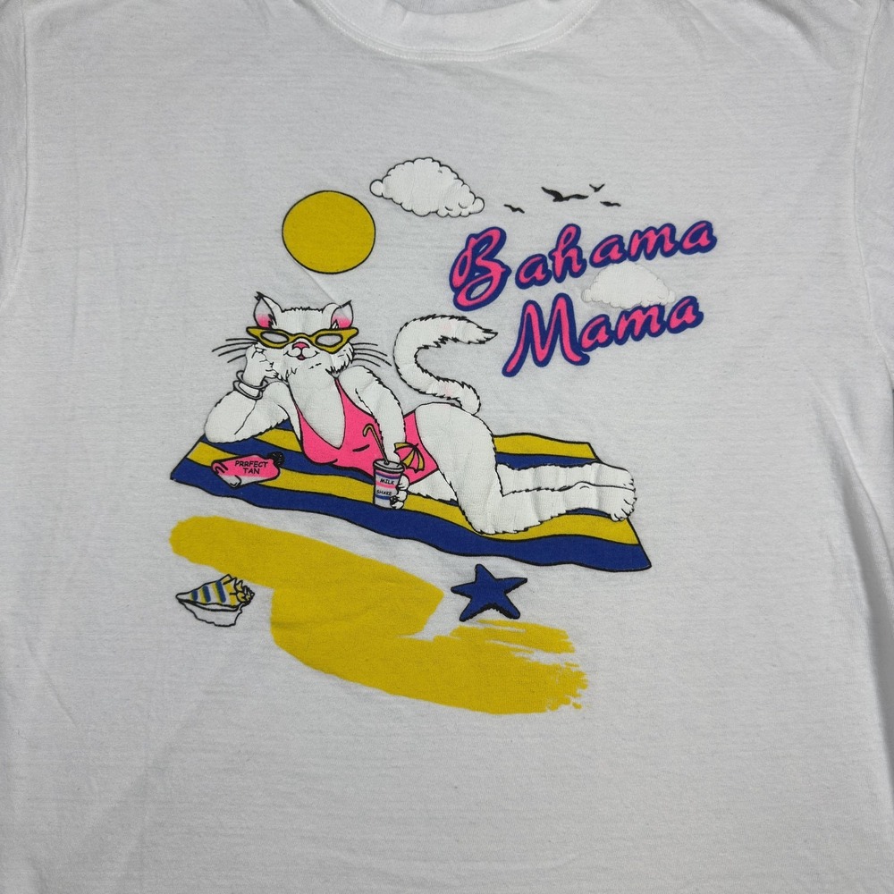 Vintage Bahama Mama Shirt Adult XL White Cat Graphic Dorsett Beach 90s REPAIR - Picture 3 of 16